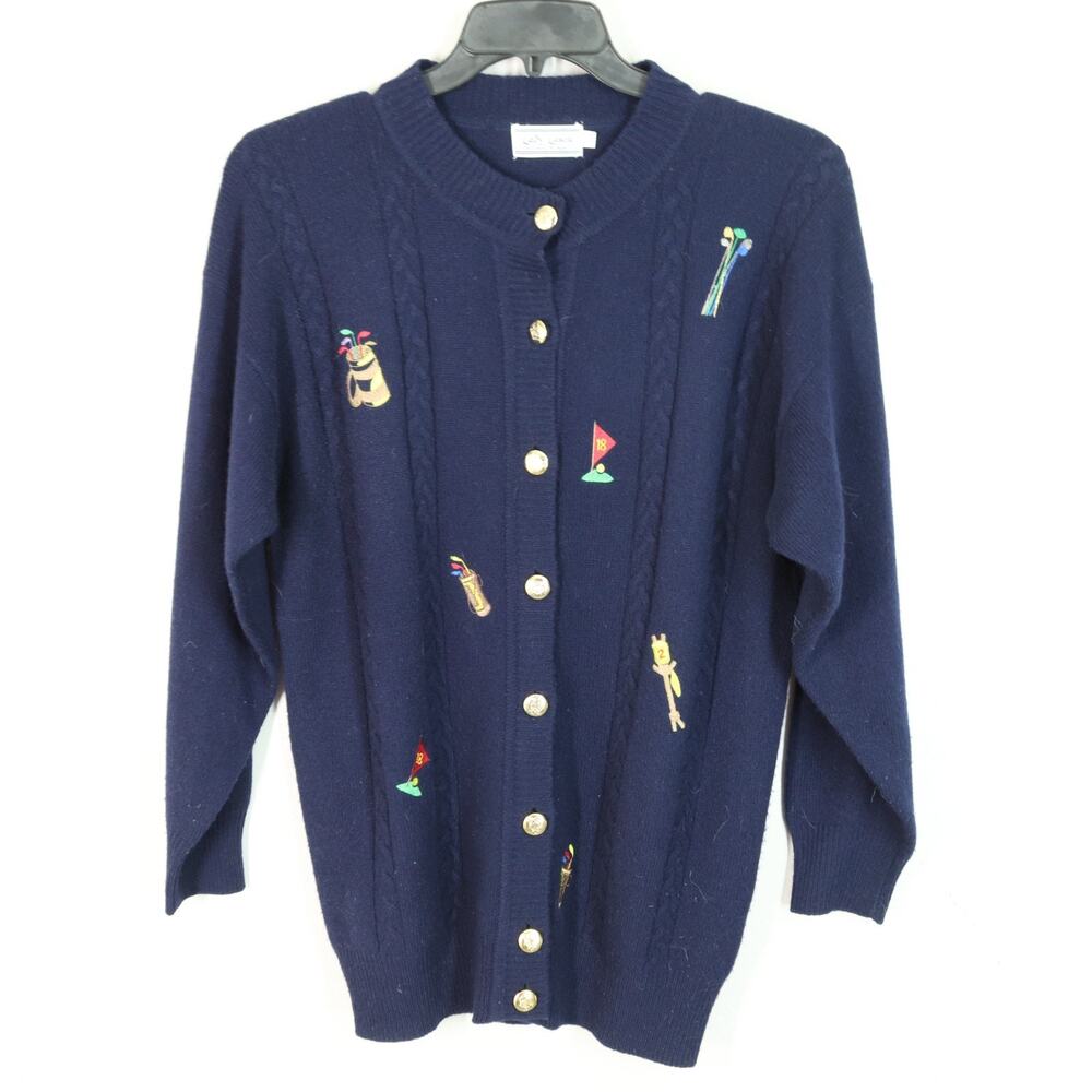 Vtg Lady Laura Golf Cardigan Sweater Women Navy Blue Embroidered Preppy SIZE